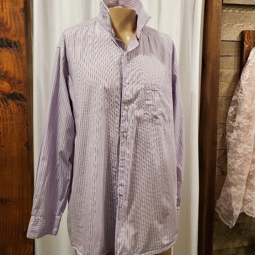 Alfani Fitted Dress Shirt Purple Striped Mens XL 17 Neck 100% Cotton